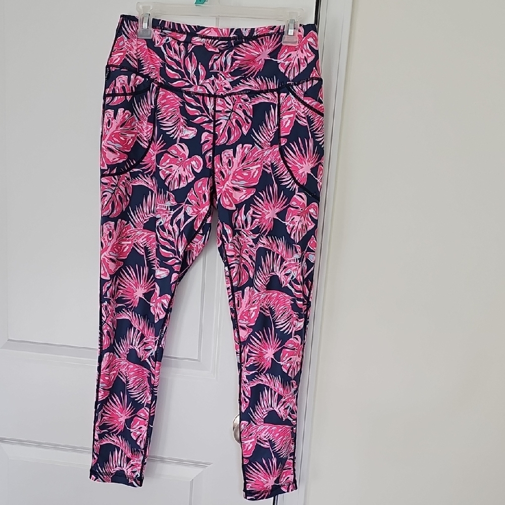 Simply Southern Navy and Coral Leaf Pattern Leggings